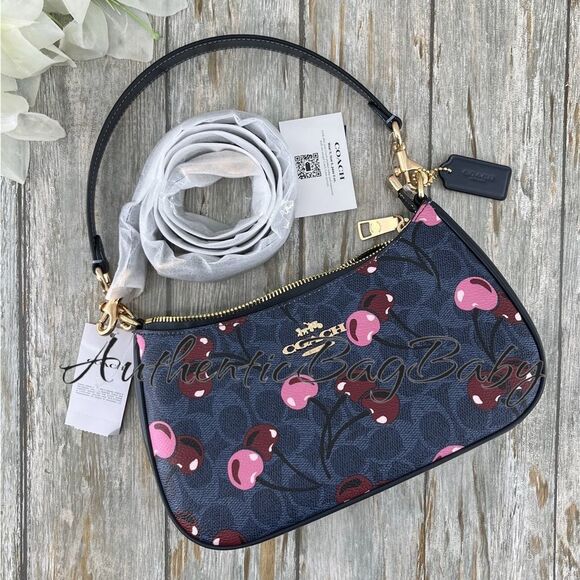 Authentic Coach Teri Shoulder Bag In Blue Signature Canvas With Cherry Print - Picture 4 of 12